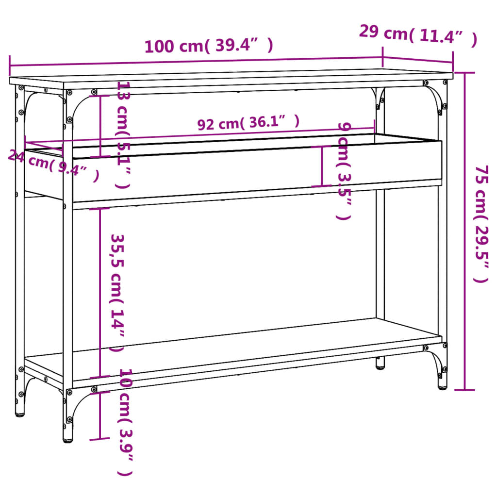 Table console avec étagère chêne marron 100x29x75 cm - XIOS