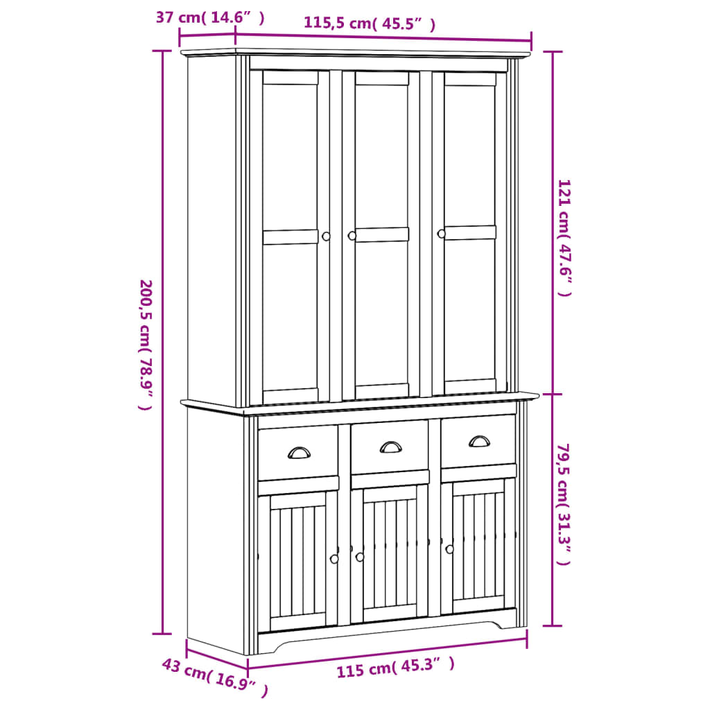 Buffet BODO blanc 115,5x43x200,5 cm bois massif de pin - XIOS