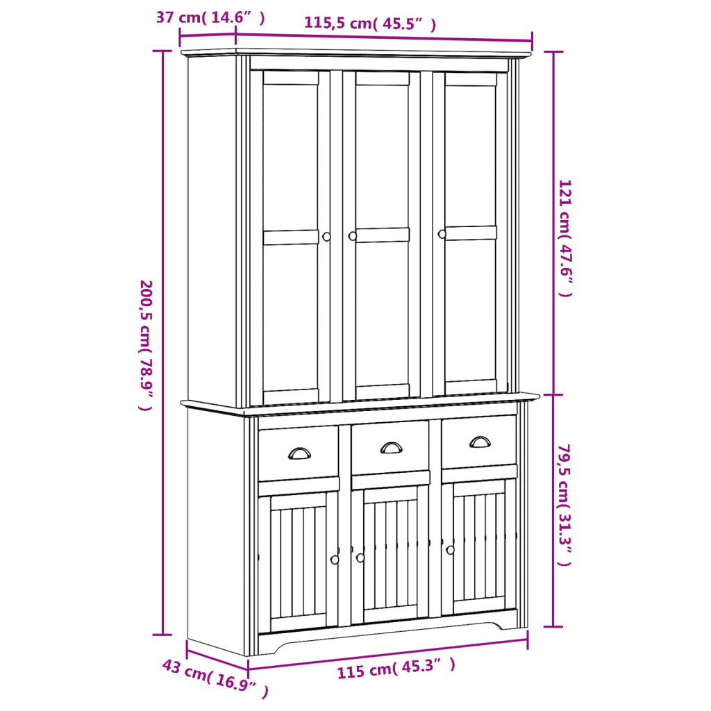 Buffet BODO blanc et marron 115,5x43x200,5cm bois massif de pin - XIOS