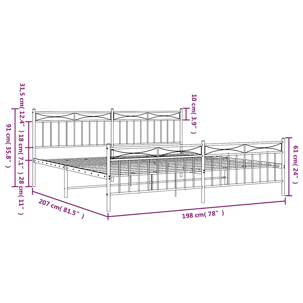 Cadre de lit métal sans matelas avec pied de lit noir 193x203cm - XIOS