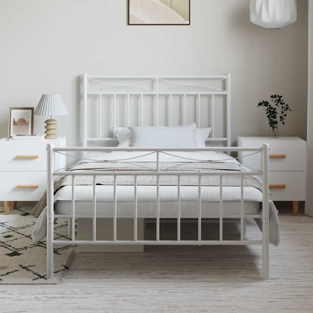 Cadre de lit métal sans matelas et pied de lit blanc 100x190 cm