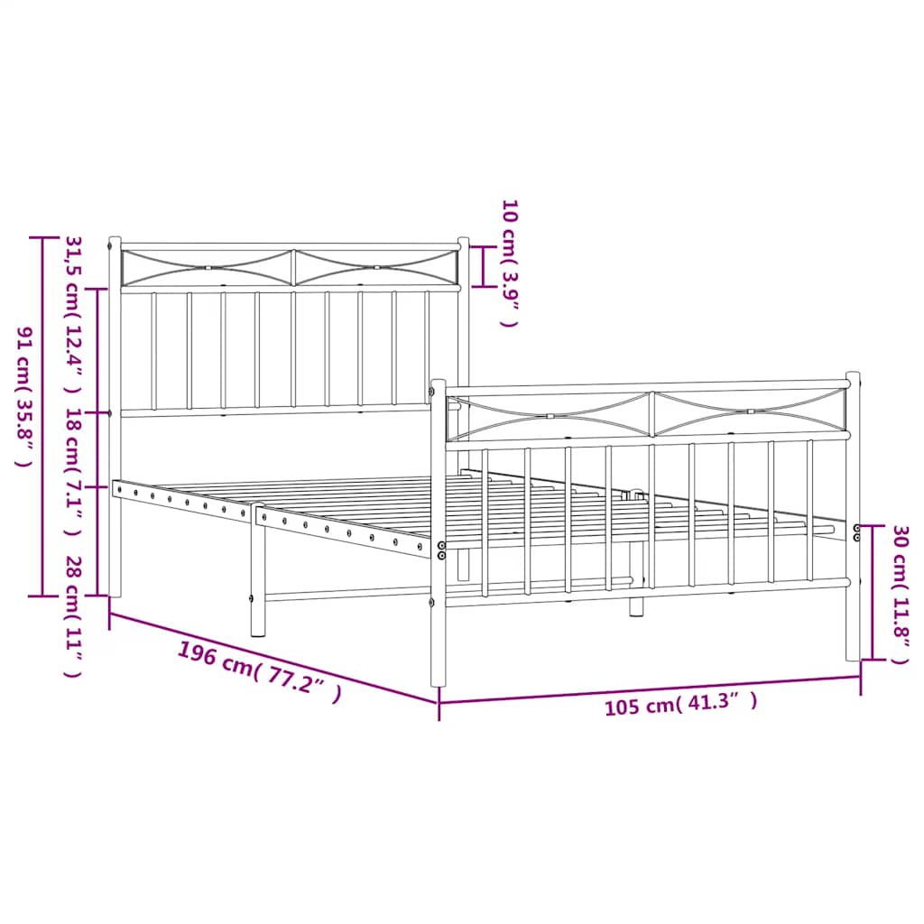Cadre de lit métal sans matelas et pied de lit blanc 100x190 cm