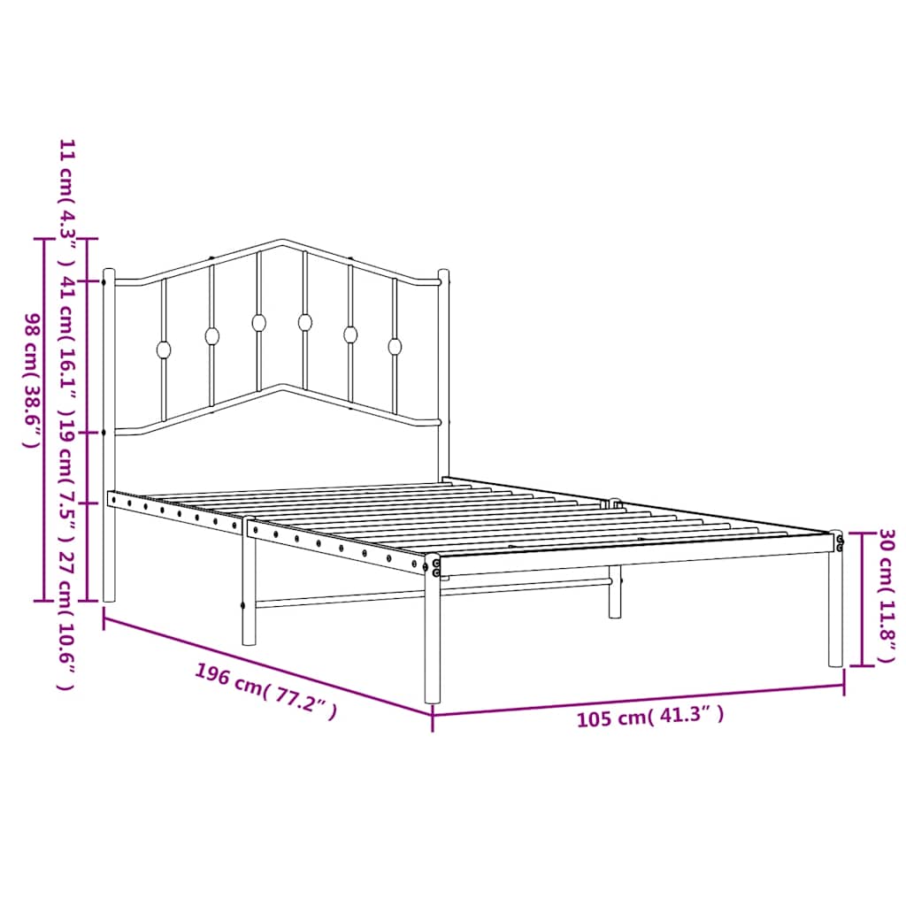 Cadre de lit métal sans matelas avec tête de lit noir 100x190cm - XIOS