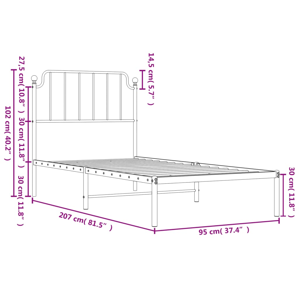 Cadre de lit métal sans matelas avec tête de lit noir 90x200 cm - XIOS