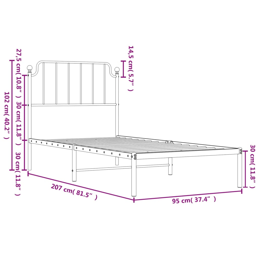 Cadre de lit métal sans matelas avec tête de lit blanc 90x200cm