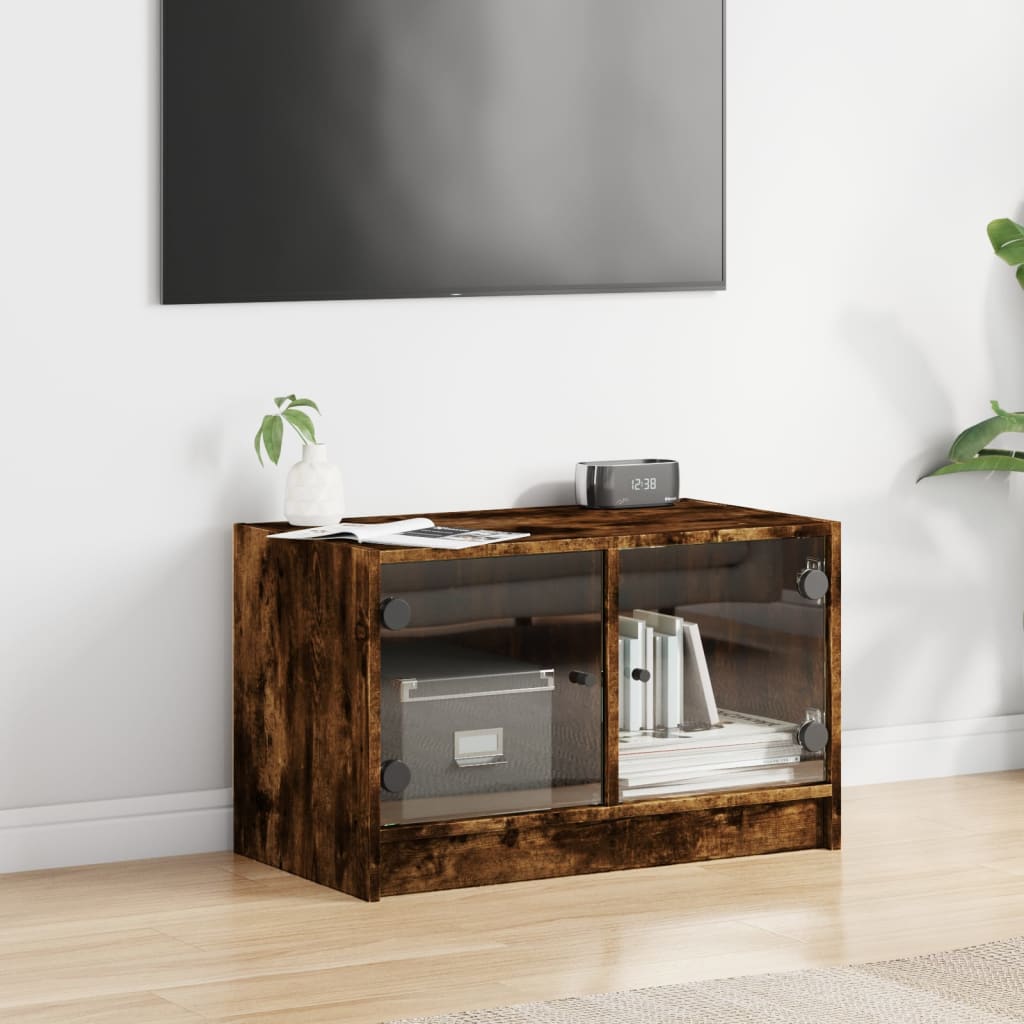 Meuble TV avec portes en verre chêne fumé 68x37x42 cm - XIOS