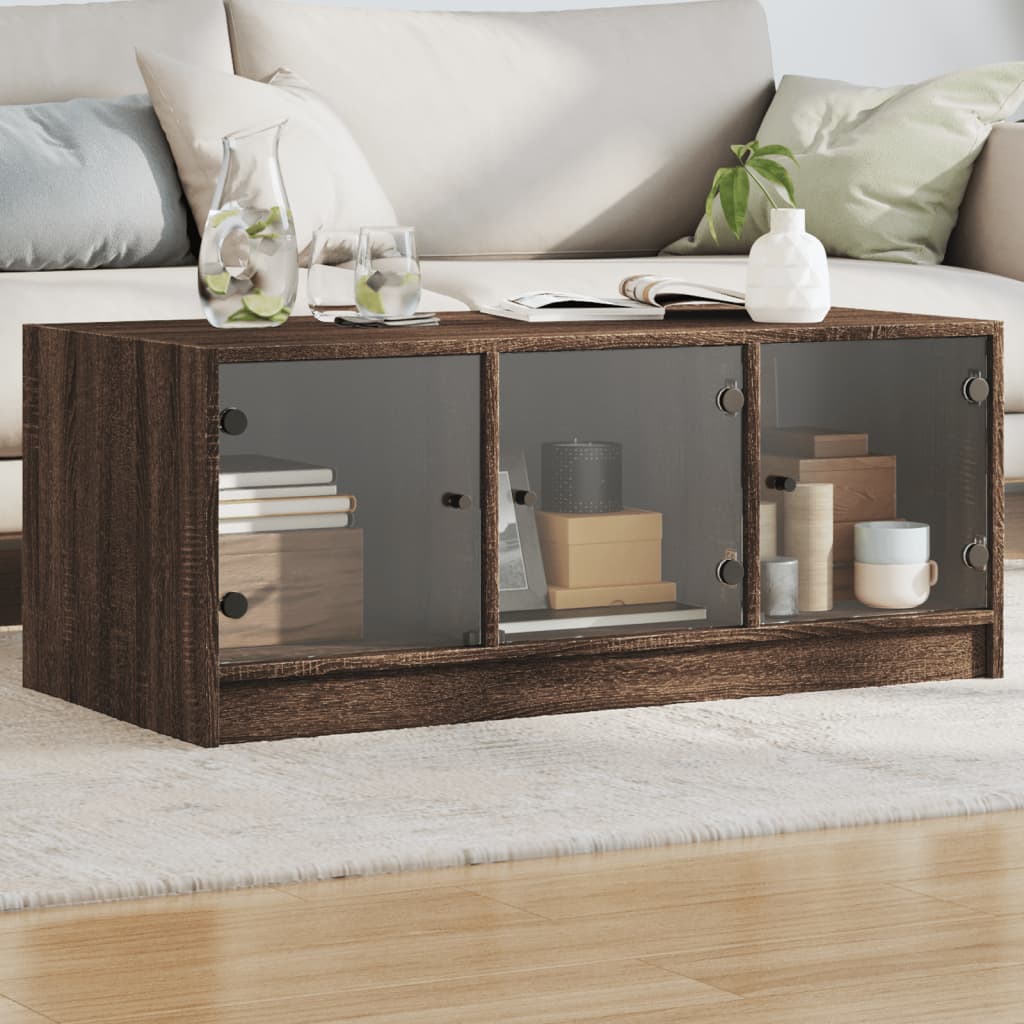 Table basse avec portes en verre chêne marron 102x50x42 cm - XIOS