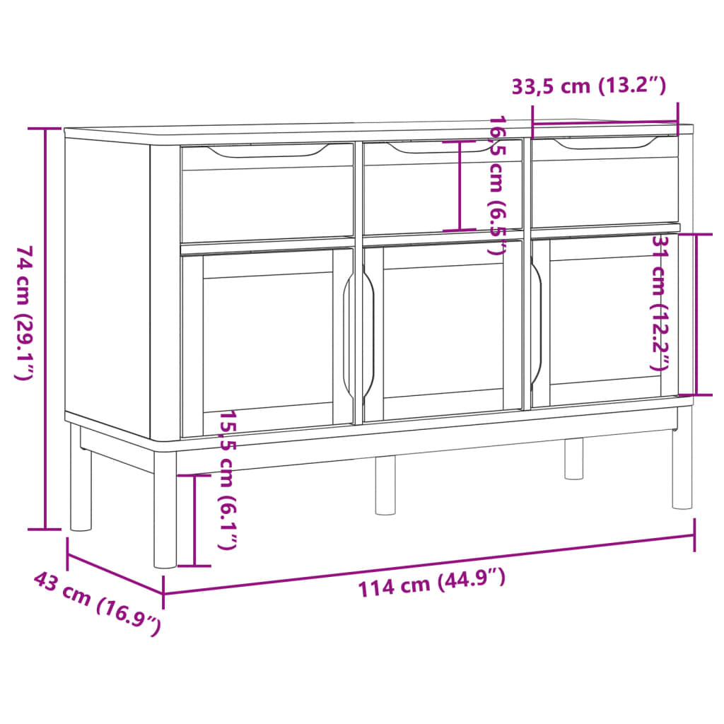 Buffet FLORO gris 114x43x74 cm bois massif de pin