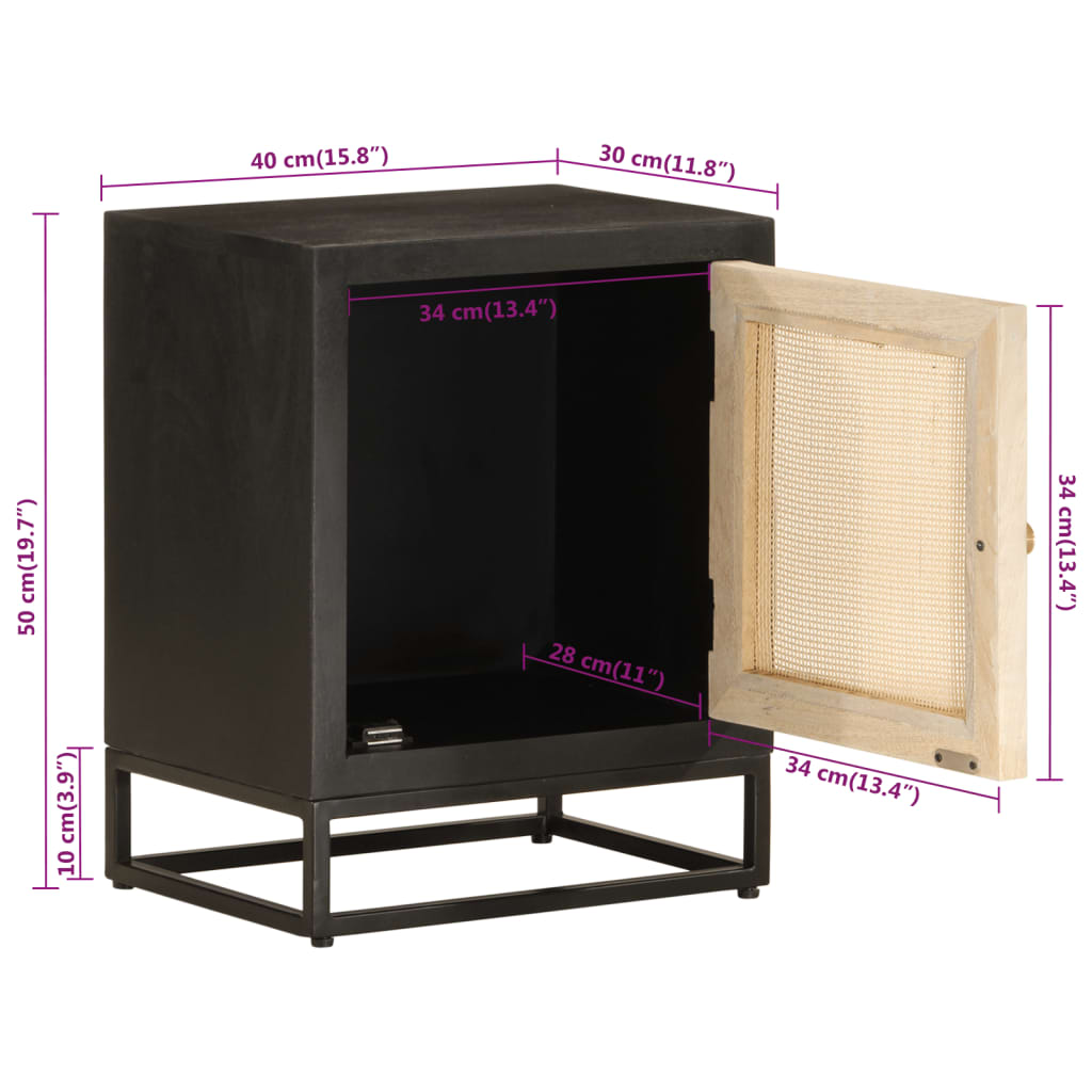 Table de chevet noir 40x30x50 cm bois massif manguier et fer