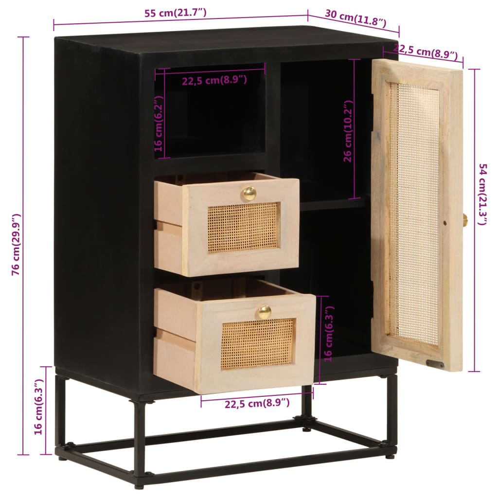 Buffet noir 55x30x76 cm bois massif de manguier et fer