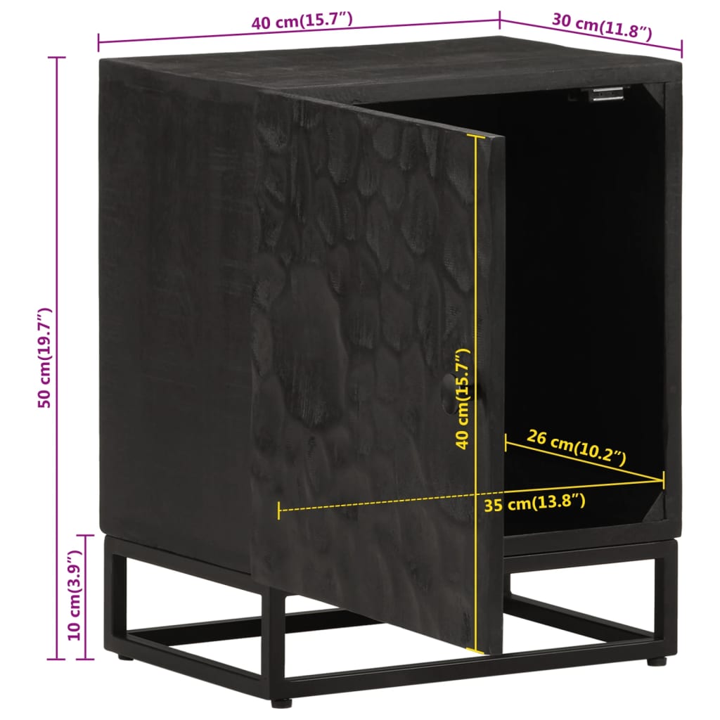 Table de chevet noir 40x30x50 cm bois massif manguier et fer