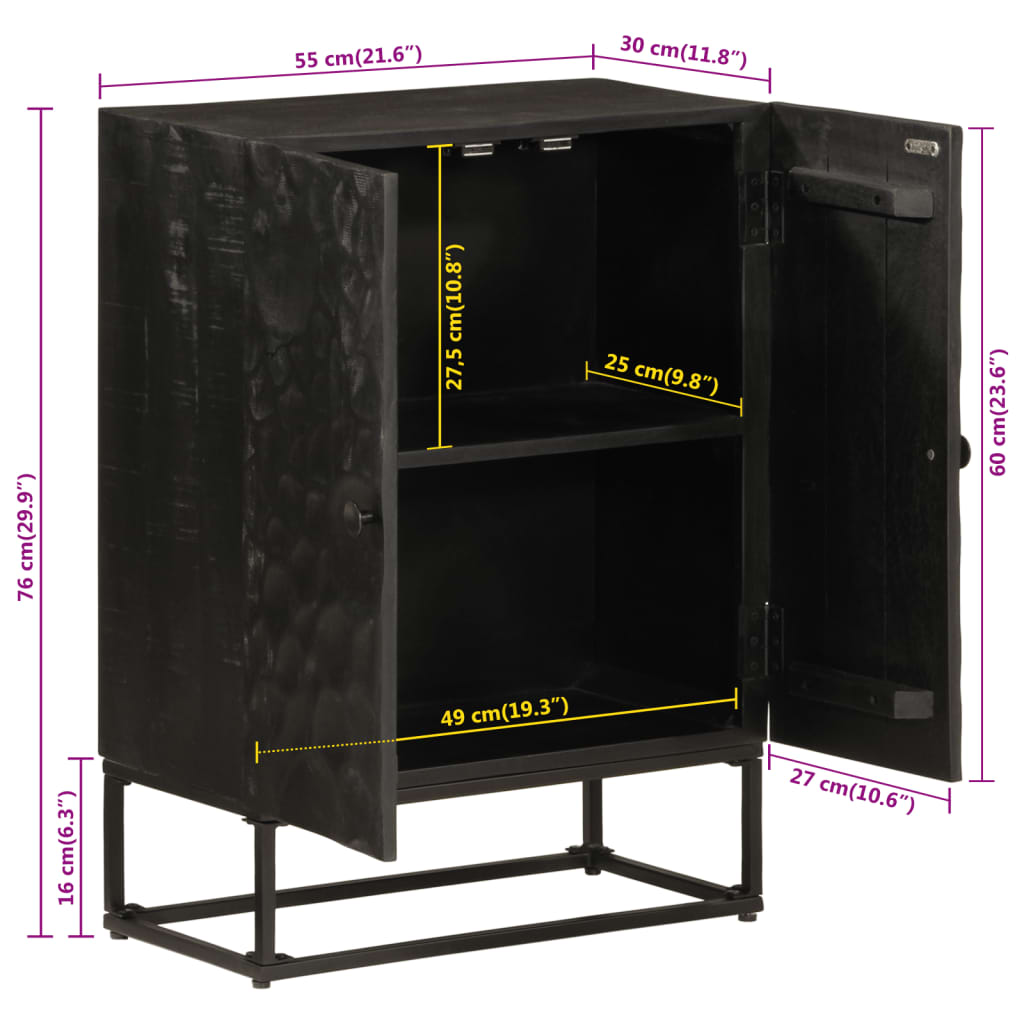 Buffet noir 55x30x76 cm bois massif de manguier et fer