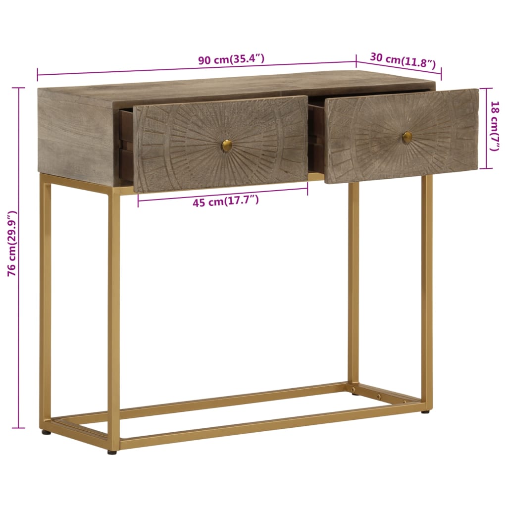 Table console 90x30x76 cm bois massif de manguier et fer