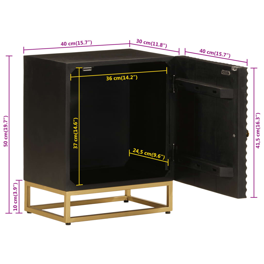 Table de chevet noir 40x30x50 cm bois massif manguier et fer