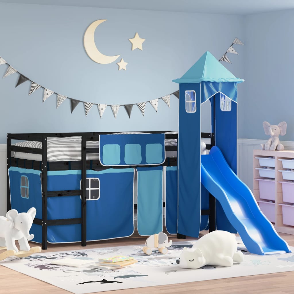 Lit mezzanine enfants avec tour sans matelas bleu 80x200 cm - XIOS