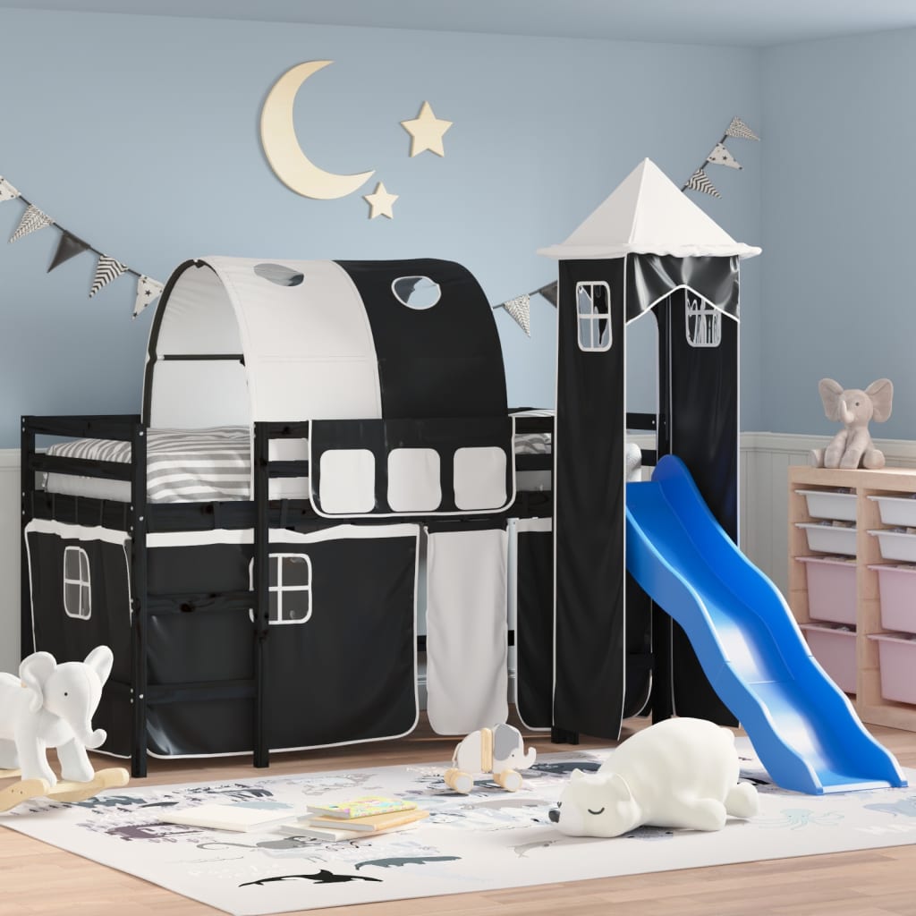 Lit mezzanine enfants et tour sans matelas blanc noir 80x200cm - XIOS