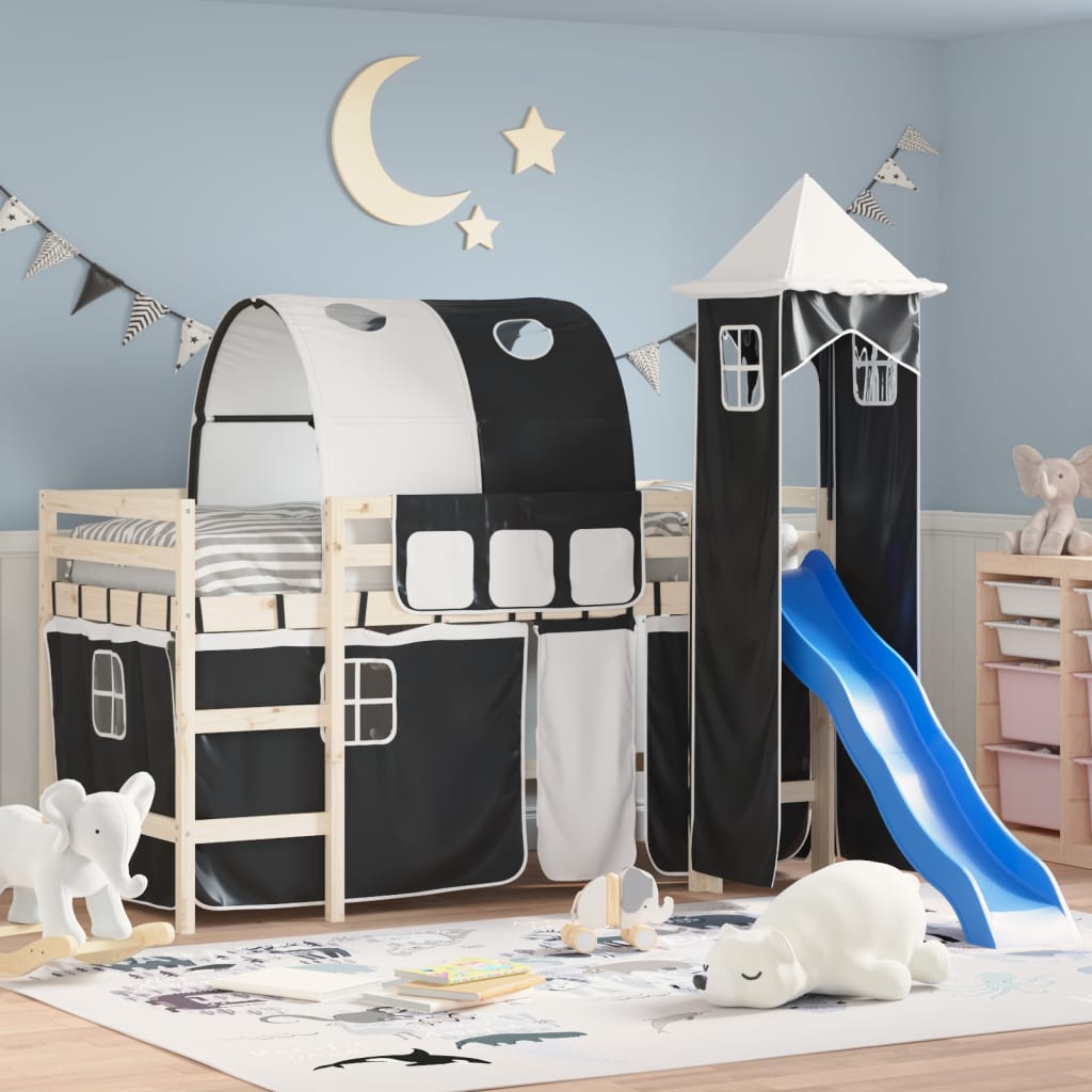 Rideaux pour lit mezzanine avec tunnel et tour blanc et noir Accessoires pour lits et cadres de lit vidaXL
