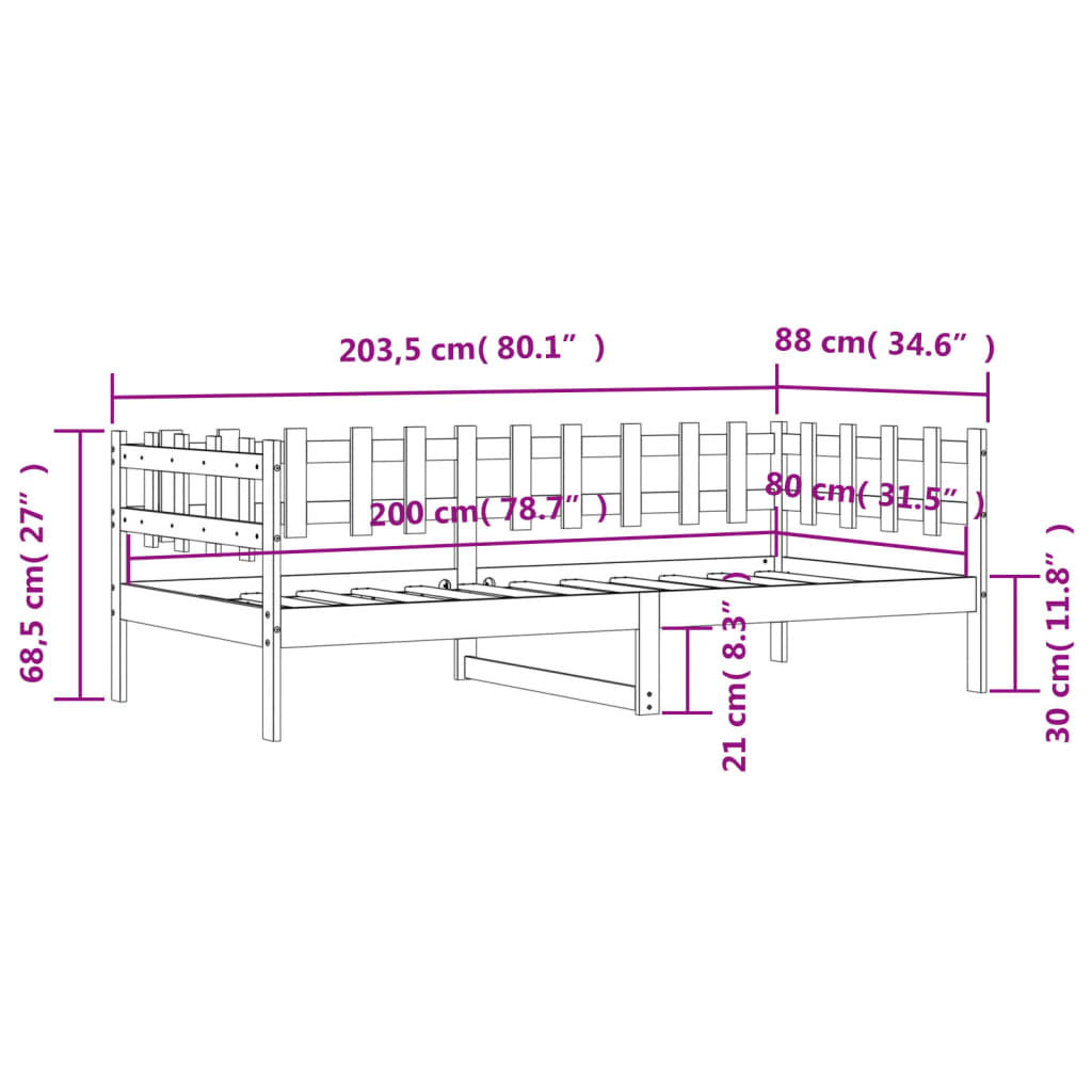 Lit de jour sans matelas noir 80x200 cm bois de pin massif - XIOS