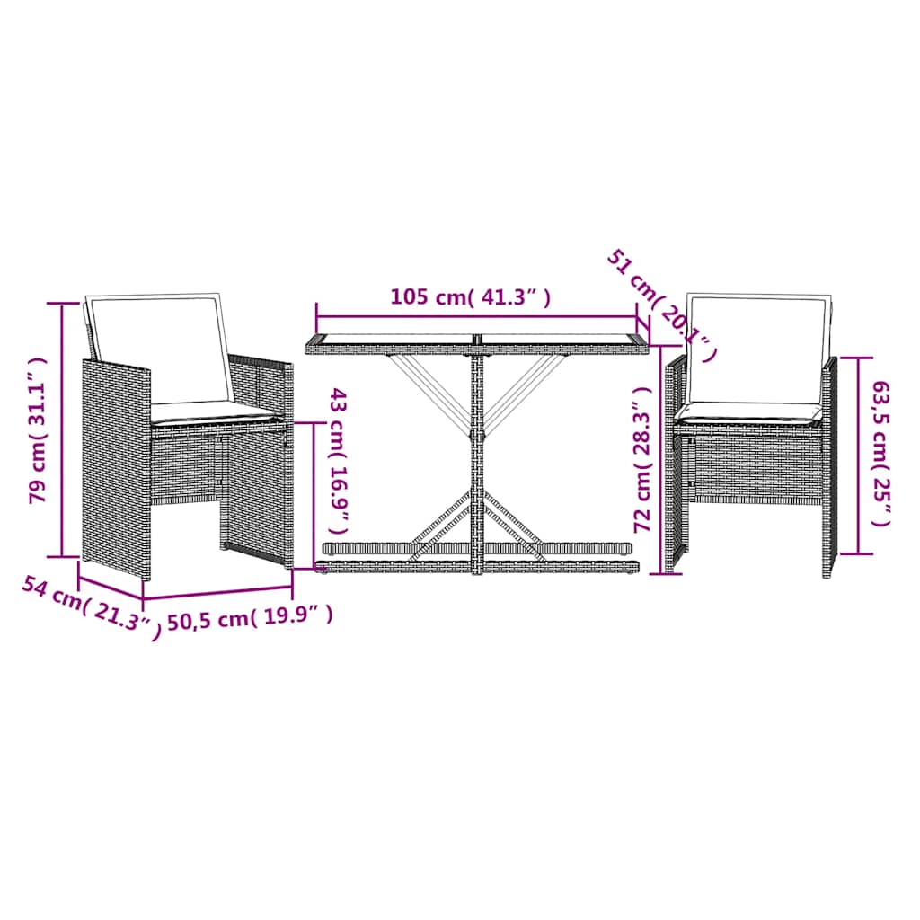 Ensemble de bistro 3 pcs avec coussins noir résine tressée - XIOS