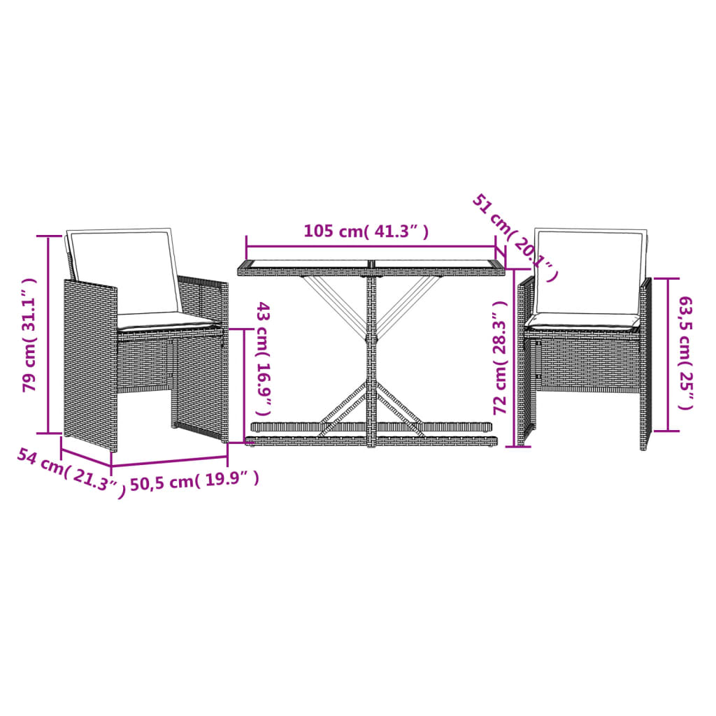 Ensemble de bistro 3 pcs avec coussins marron résine tressée Salons de jardin vidaXL