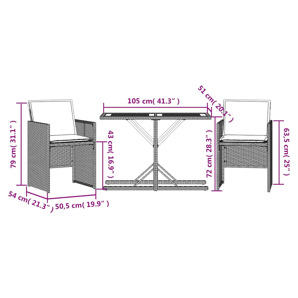 Ensemble de bistro 3 pcs avec coussins beige résine tressée - XIOS