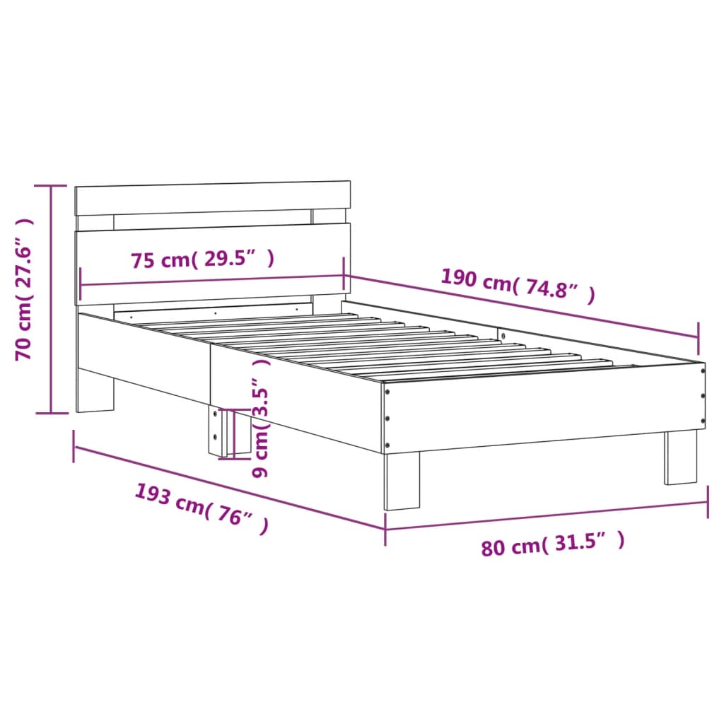 Cadre de lit sans matelas avec tête de lit gris béton 75x190 cm - XIOS