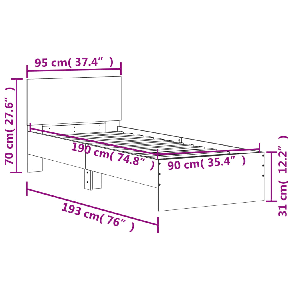 Cadre de lit sans matelas avec tête de lit gris béton 90x190 cm - XIOS