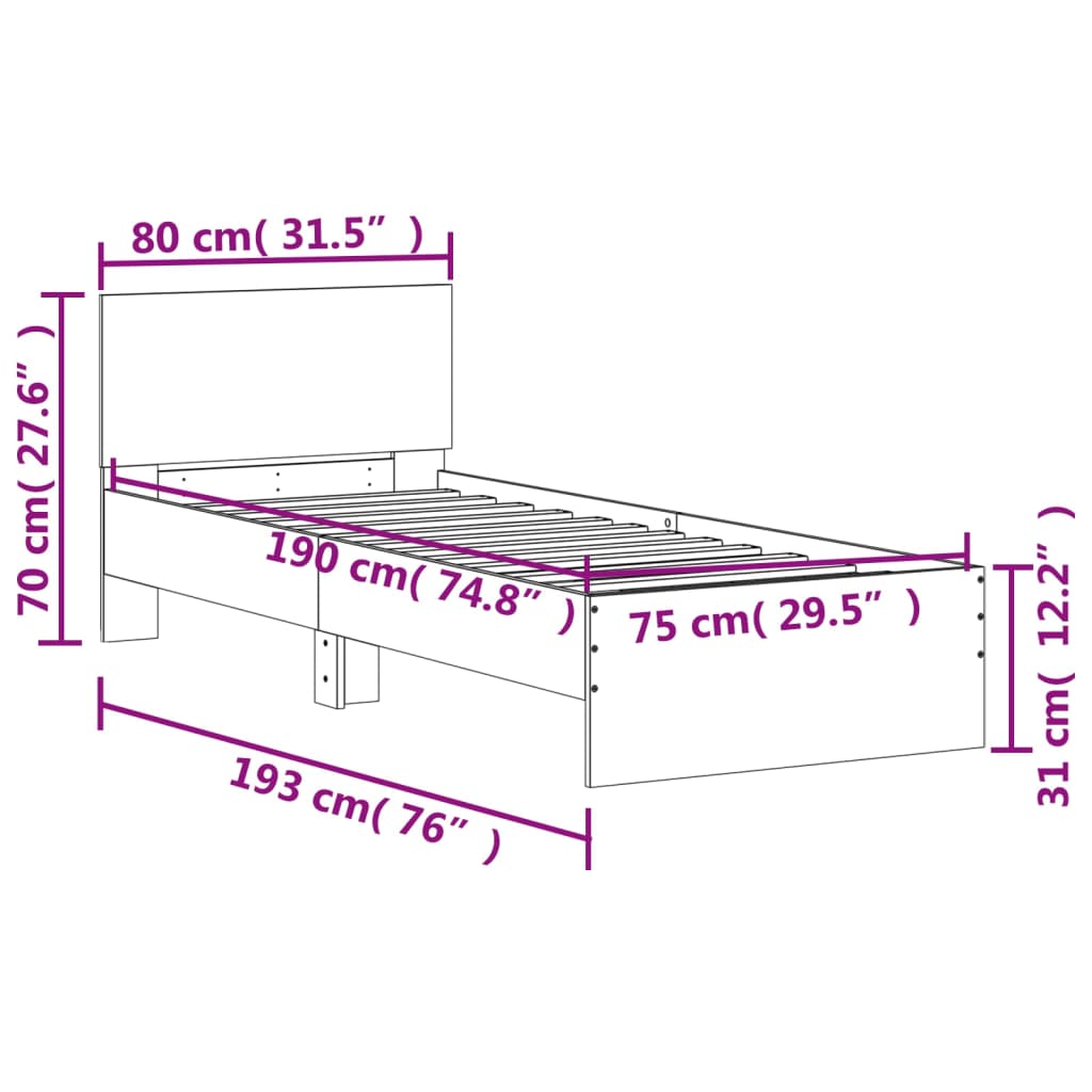 Cadre de lit sans matelas avec tête de lit gris béton 75x190 cm - XIOS