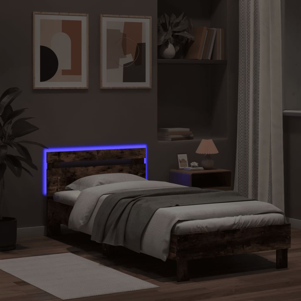 Cadre de lit sans matelas avec lumières LED chêne fumé 75x190cm - XIOS
