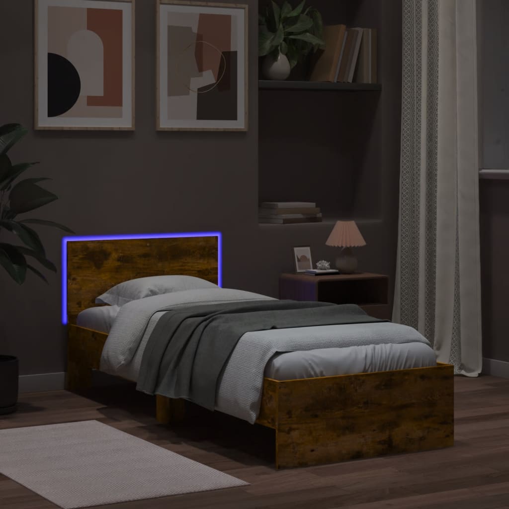 Cadre de lit sans matelas avec lumières LED chêne fumé 75x190cm - XIOS