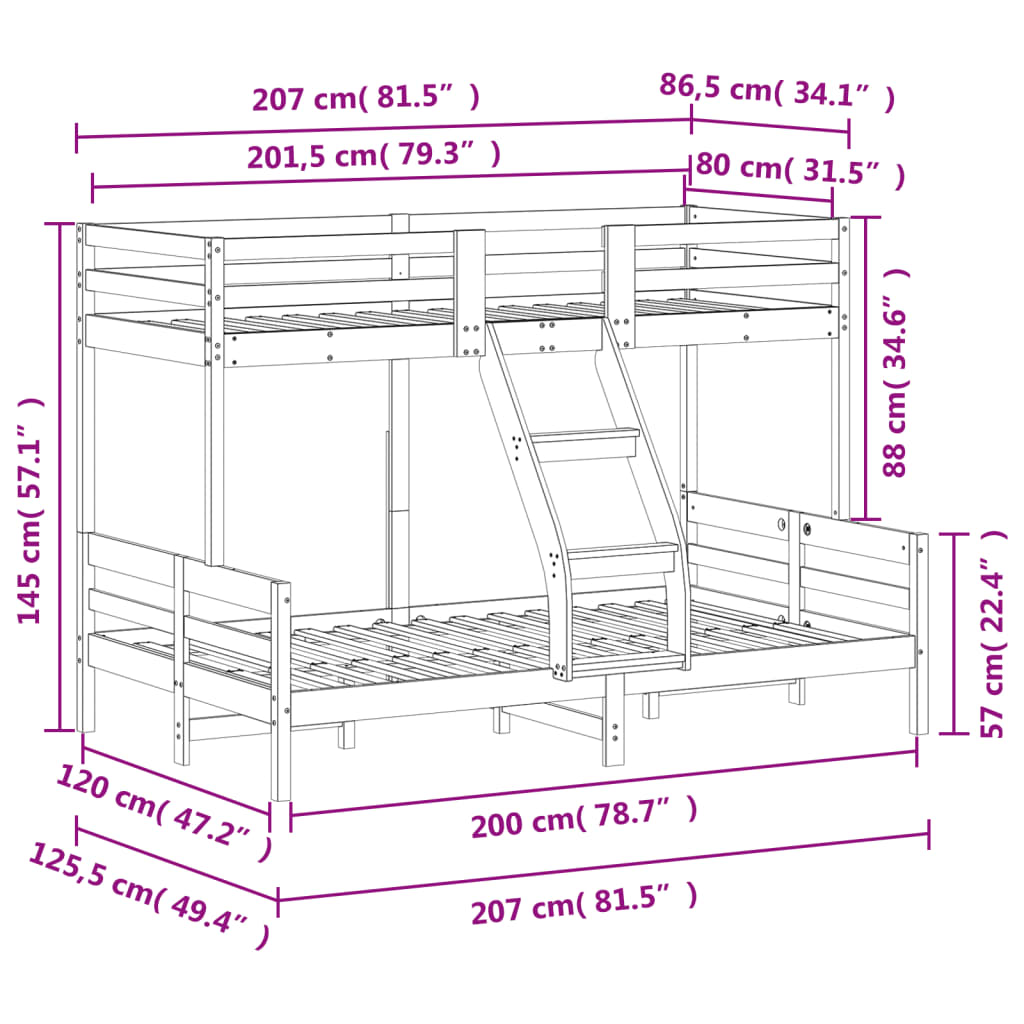 Lit superposé sans matelas 80x200/120x200 cm blanc bois massif - XIOS