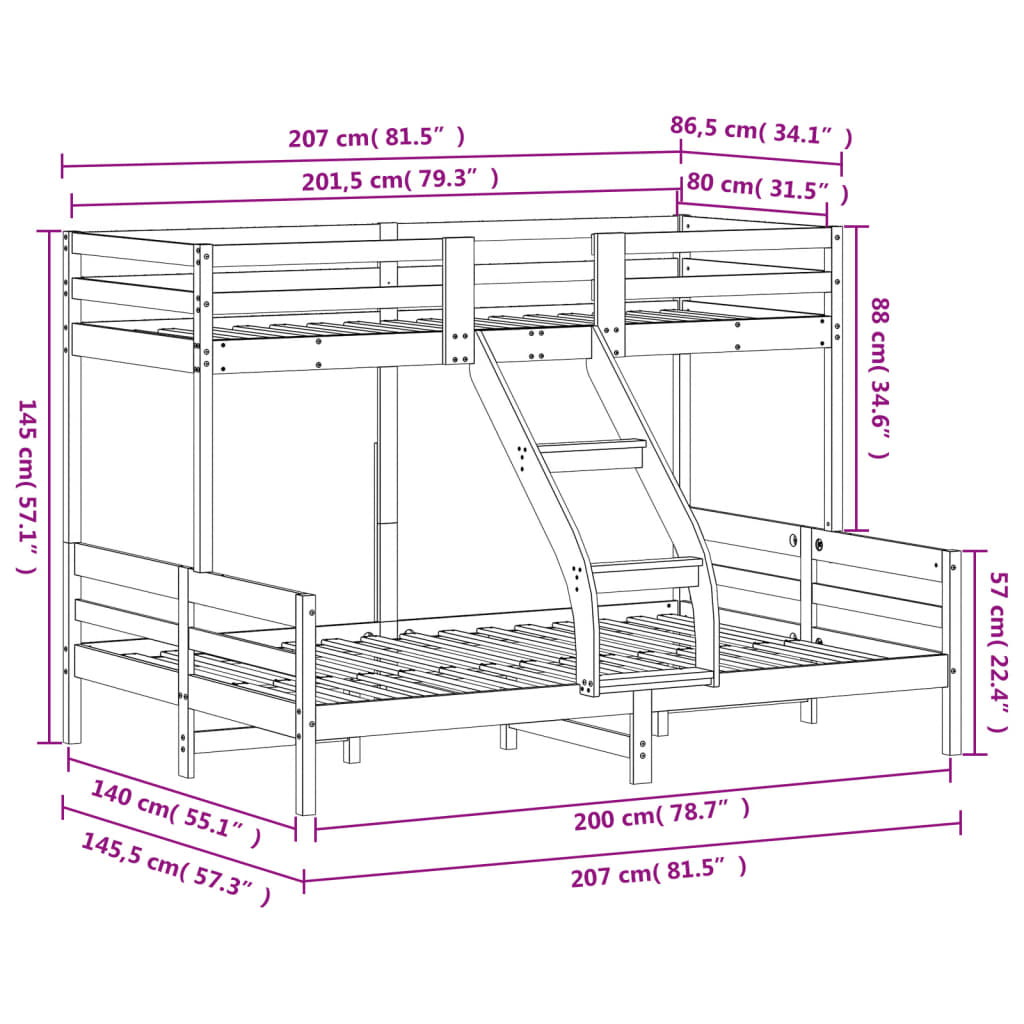 Lit superposé sans matelas 80x200/140x200 cm blanc bois massif - XIOS