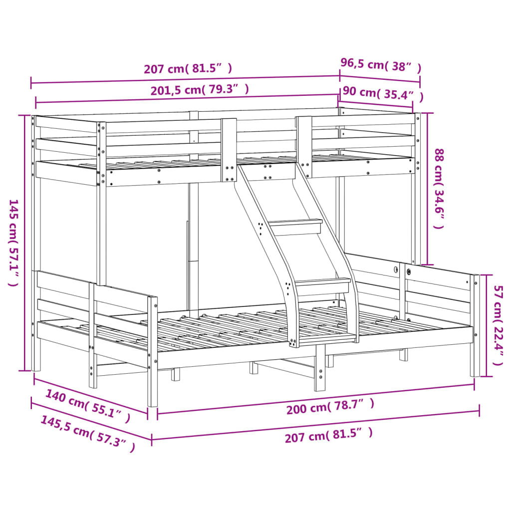 Lit superposé sans matelas 90x200/140x200 cm bois massif - XIOS