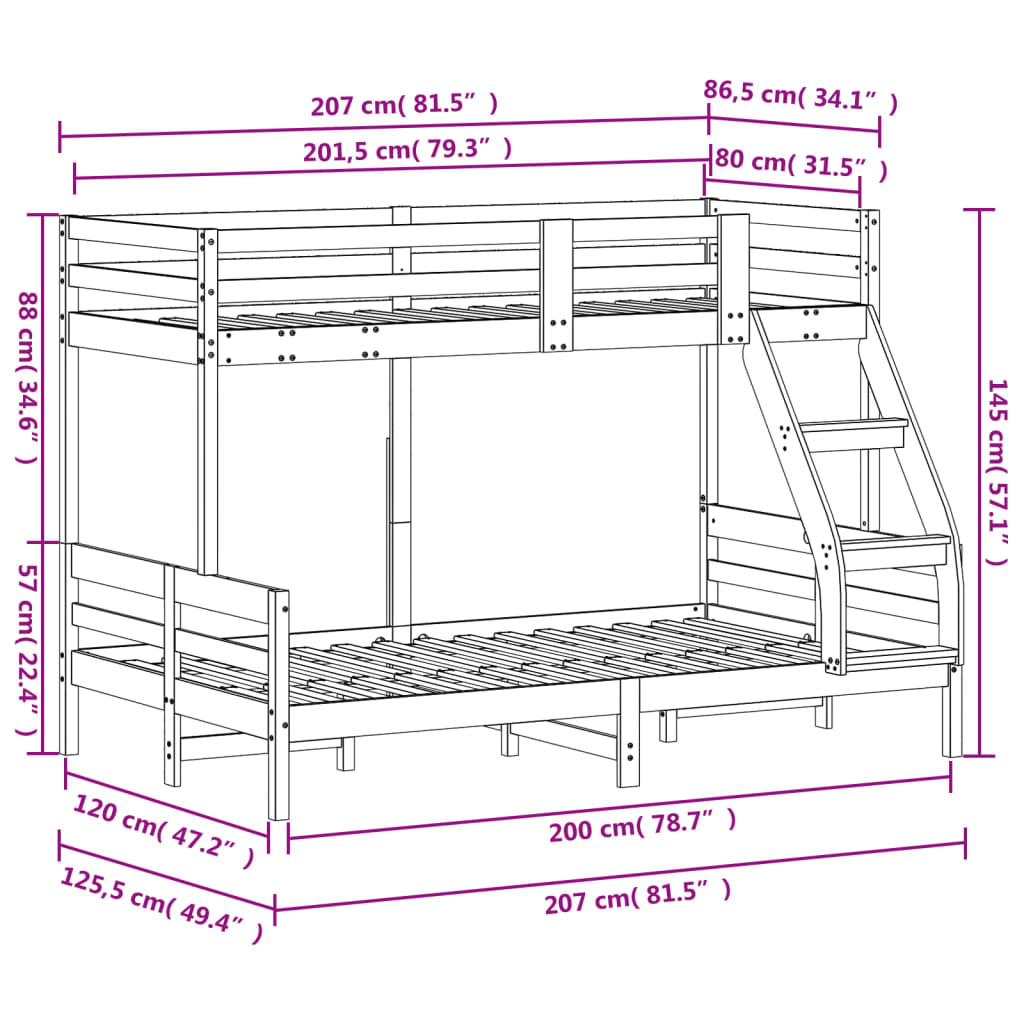 Lit superposé sans matelas 80x200/120x200 cm bois massif - XIOS
