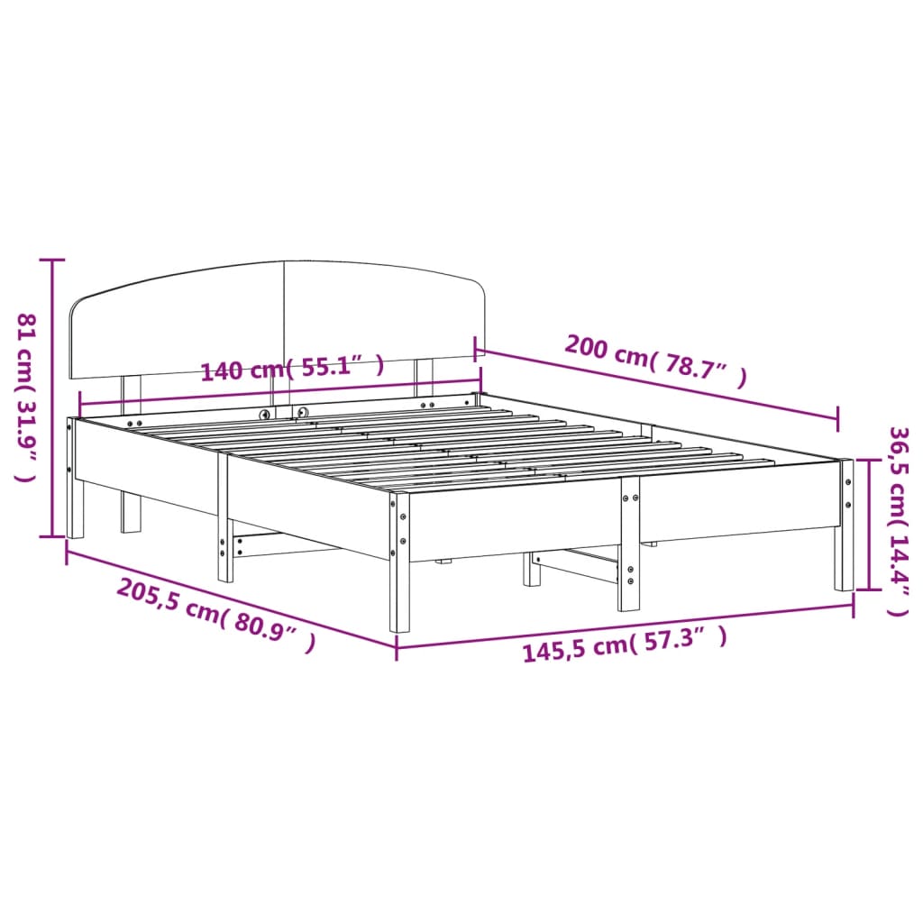 Cadre de lit sans matelas 140x200 cm bois massif de pin - XIOS