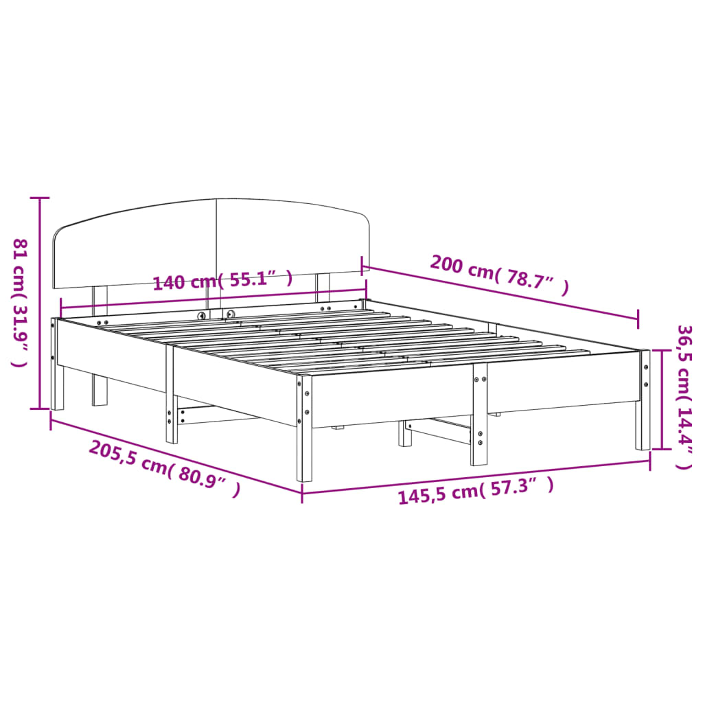 Cadre de lit sans matelas cire marron 140x200cm bois pin massif - XIOS