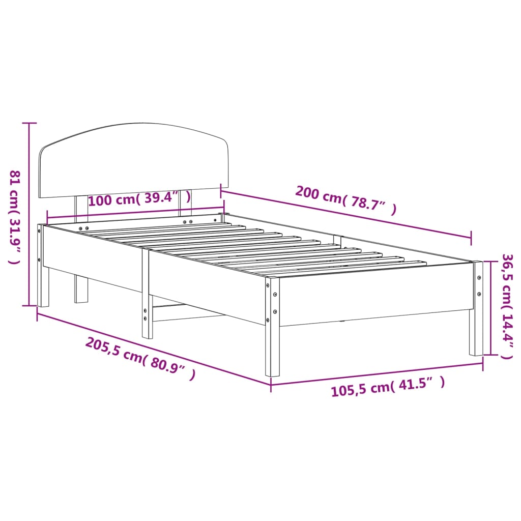 Cadre de lit sans matelas cire marron 100x200cm bois pin massif - XIOS