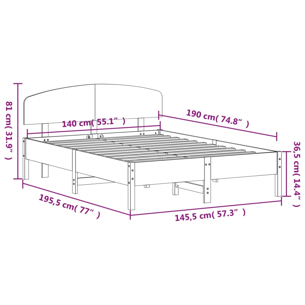 Cadre de lit sans matelas cire marron 140x190cm bois pin massif - XIOS
