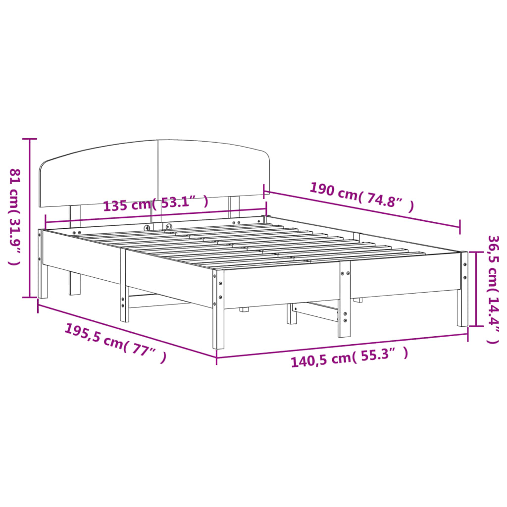 Cadre de lit sans matelas cire marron 135x190cm bois pin massif - XIOS