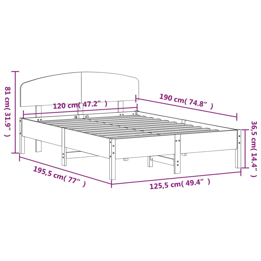 Cadre de lit sans matelas cire marron 120x190cm bois pin massif - XIOS