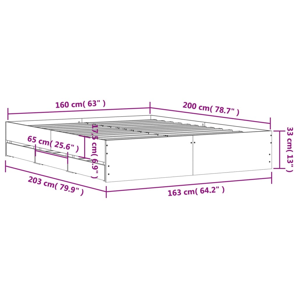 Cadre de lit avec tiroirs sans matelas gris béton 160x200 cm - XIOS