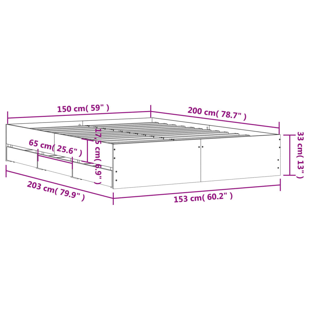 Cadre de lit avec tiroirs sans matelas gris béton 150x200 cm - XIOS