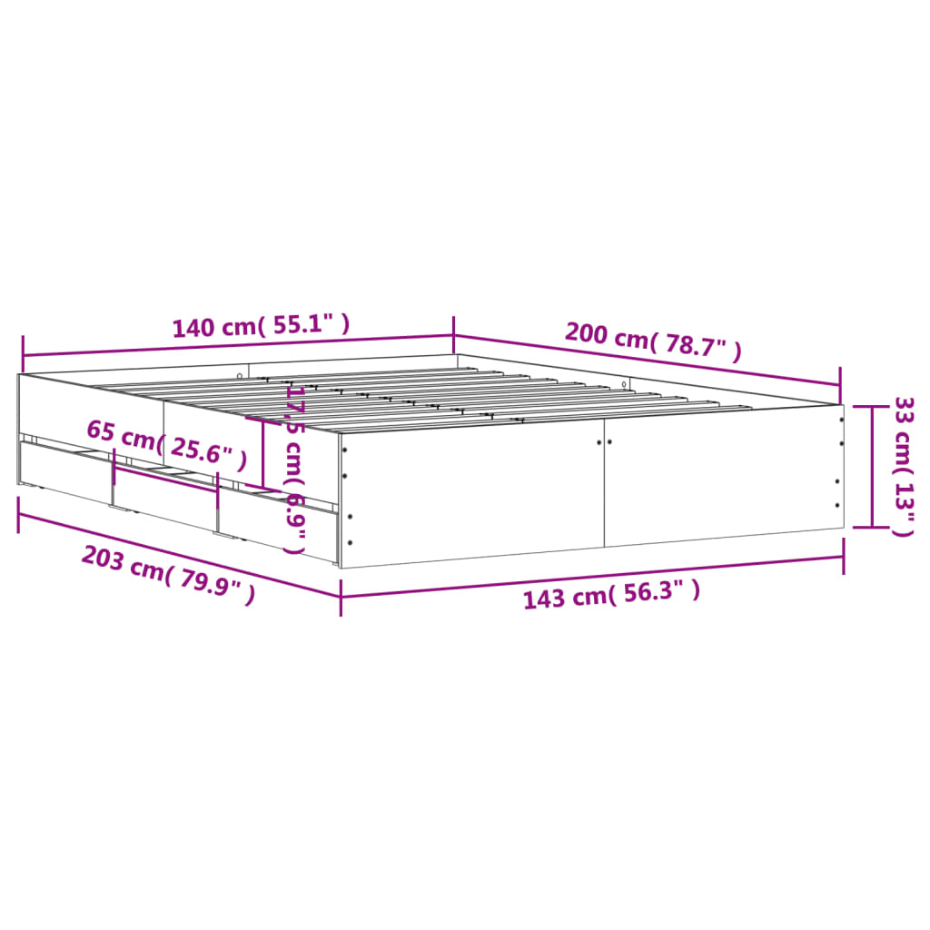 Cadre de lit avec tiroirs sans matelas gris béton 140x200 cm - XIOS