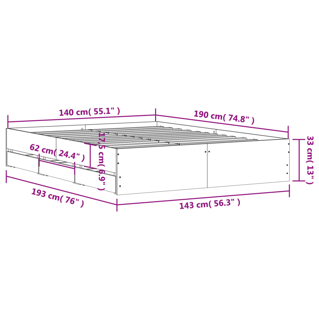 Cadre de lit avec tiroirs sans matelas sonoma gris 140x190 cm - XIOS