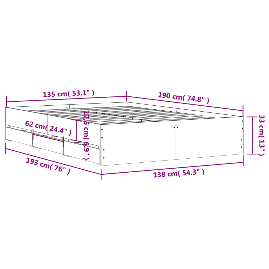 Cadre de lit avec tiroirs sans matelas chêne marron 135x190 cm - XIOS