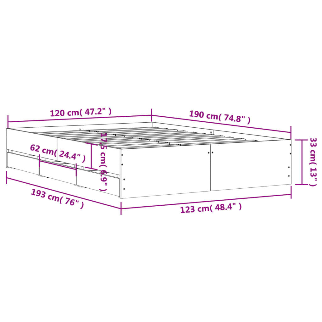 Cadre de lit avec tiroirs sans matelas chêne fumé 120x190 cm - XIOS