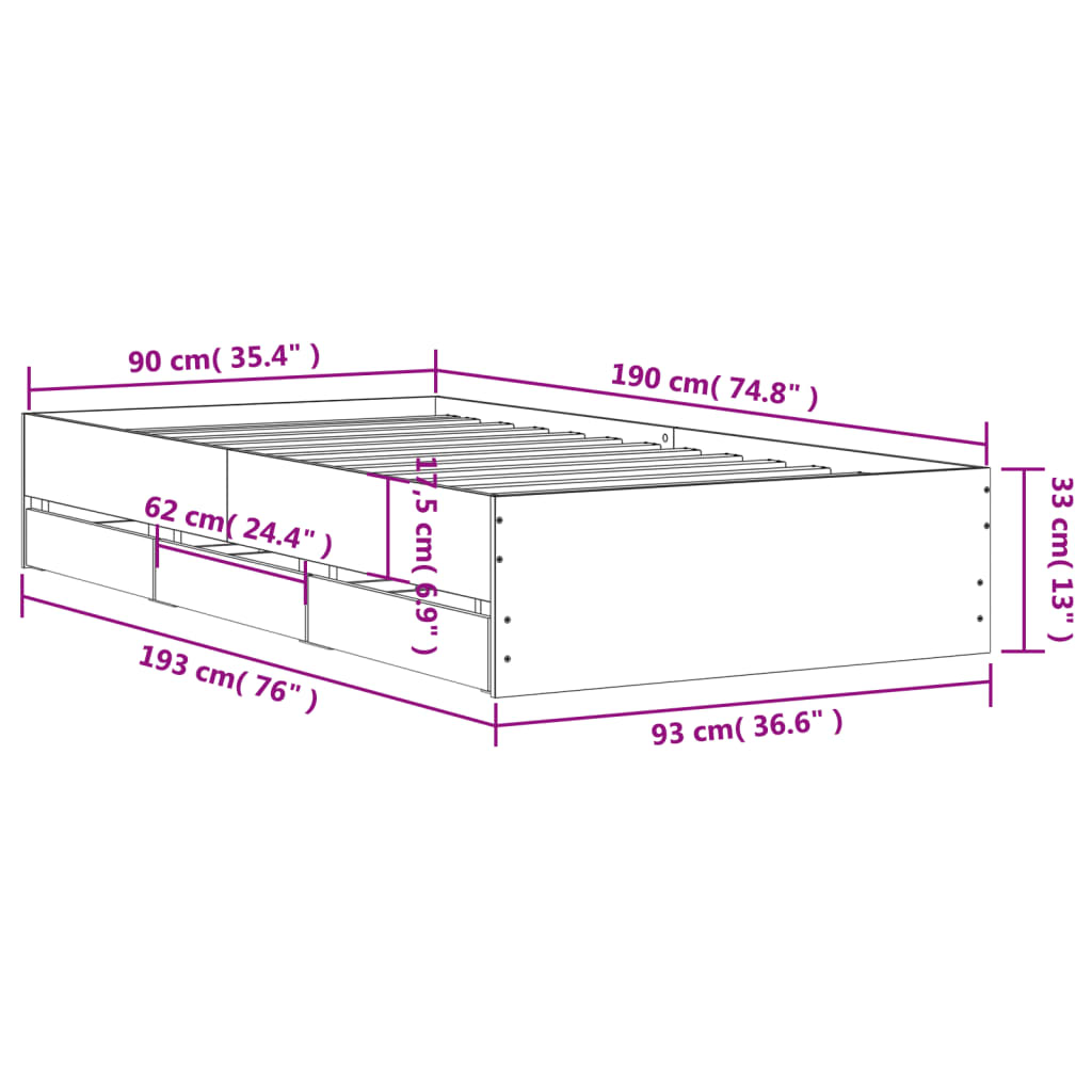 Cadre de lit avec tiroirs sans matelas gris béton 90x190 cm - XIOS