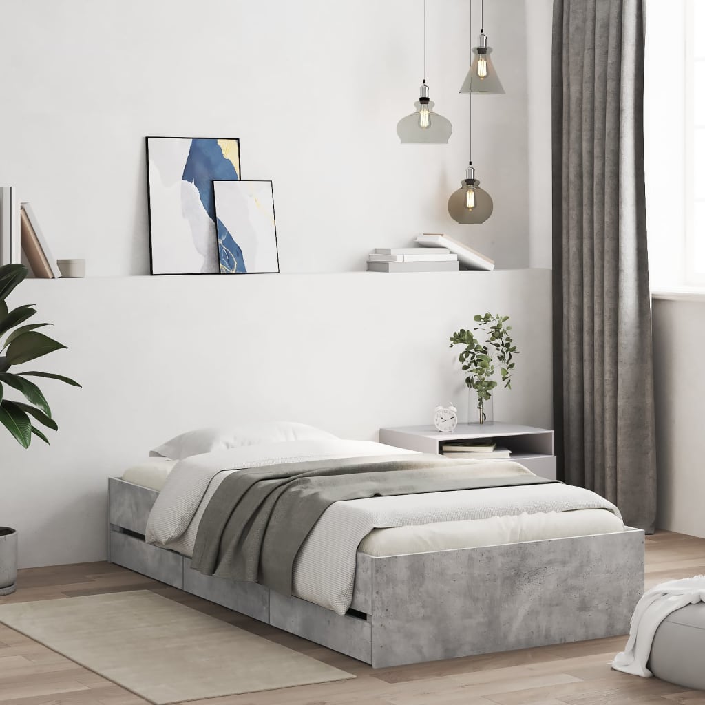 Cadre de lit avec tiroirs sans matelas gris béton 90x190 cm - XIOS