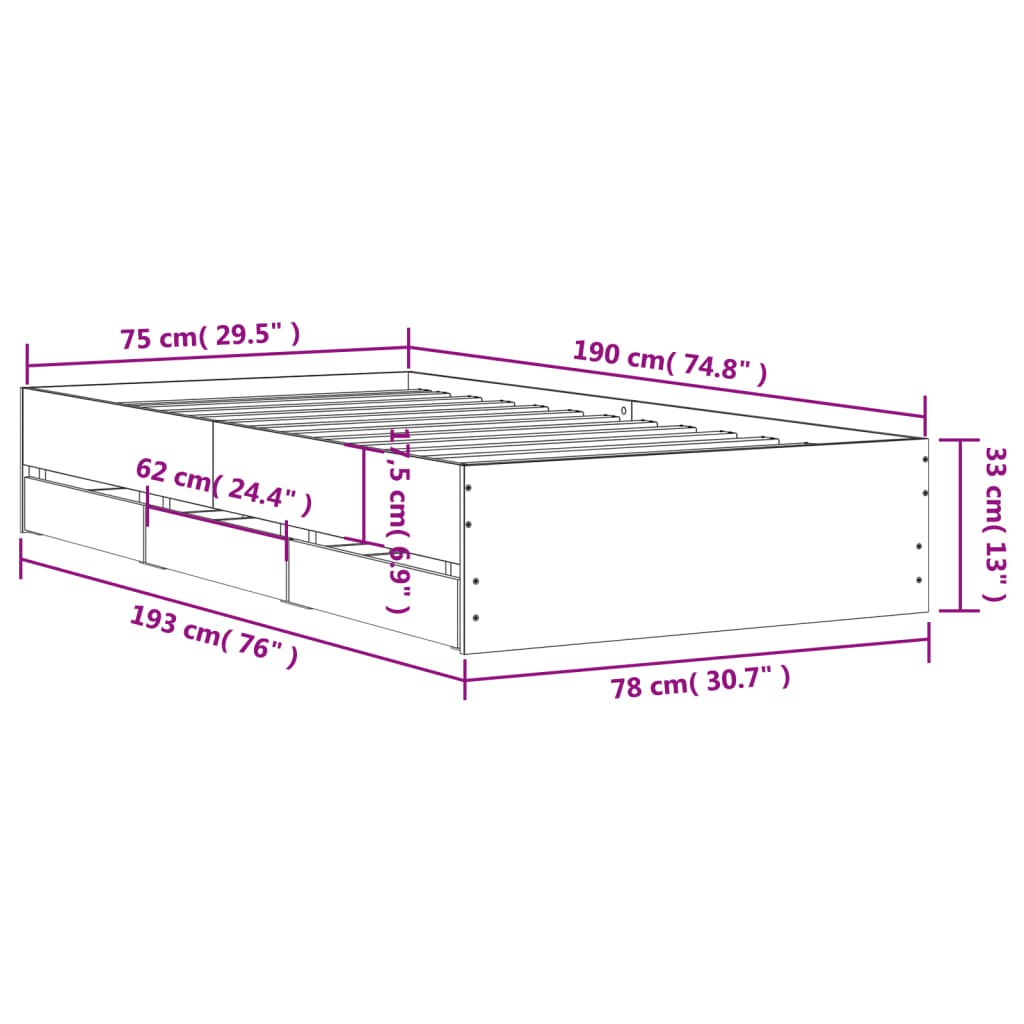 Cadre de lit avec tiroirs sans matelas gris béton 75x190 cm - XIOS