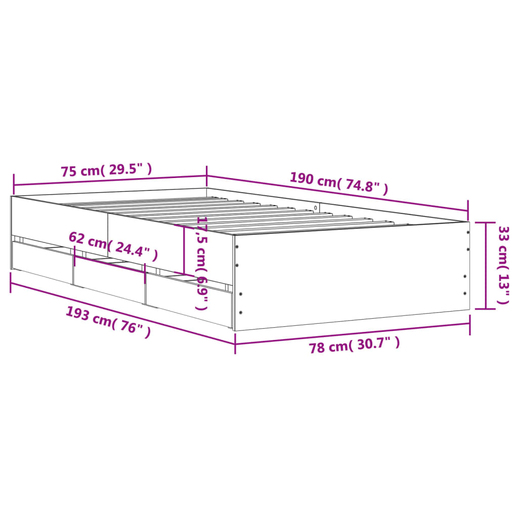 Cadre de lit avec tiroirs sans matelas chêne marron 75x190 cm - XIOS